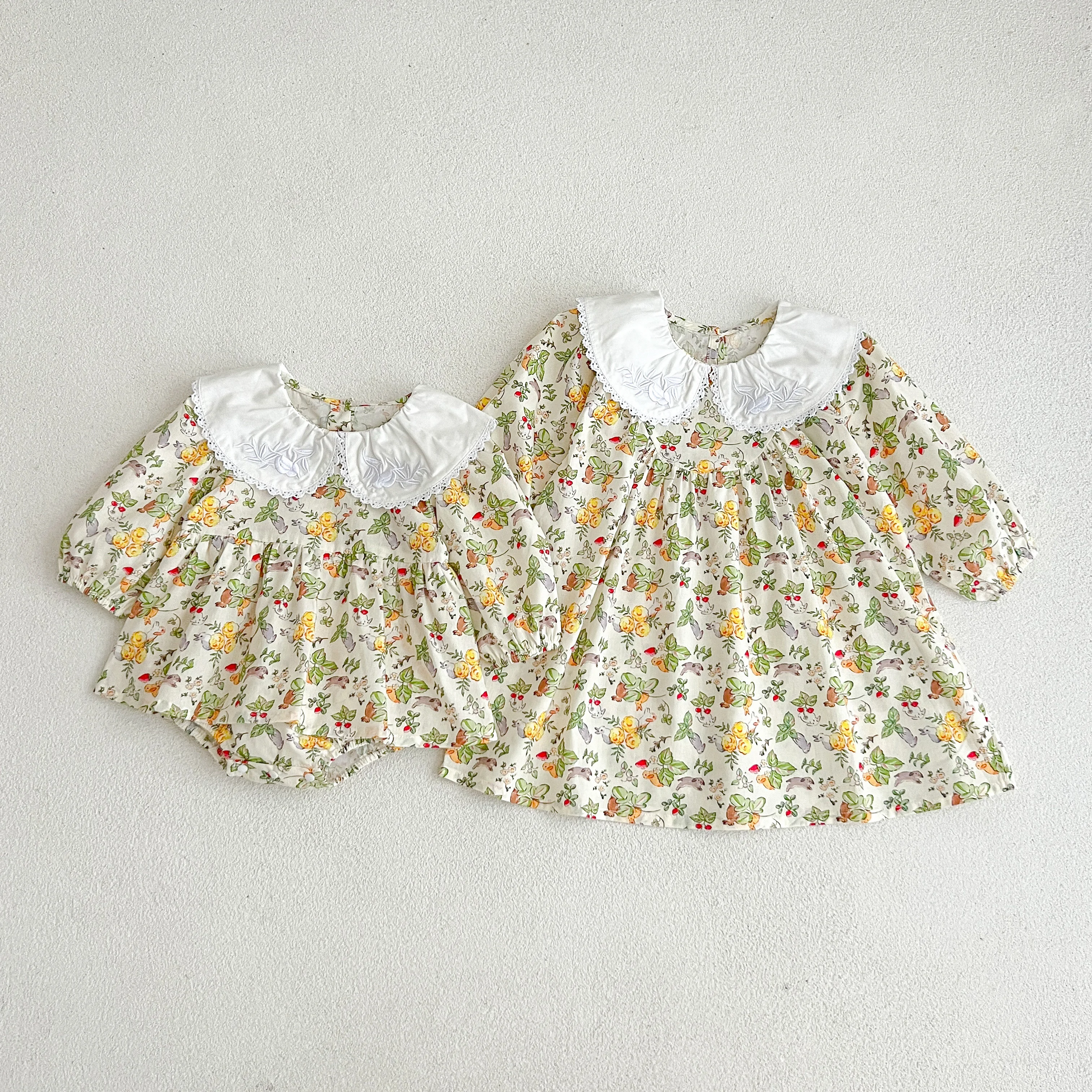 Familien look Frühling Blumen kleid Baby Mädchen bestickt Pandora Kragen Baumwoll kleid Baby Mädchen Blumen Bodysuit Schwestern Look Kleidung – Detail 16