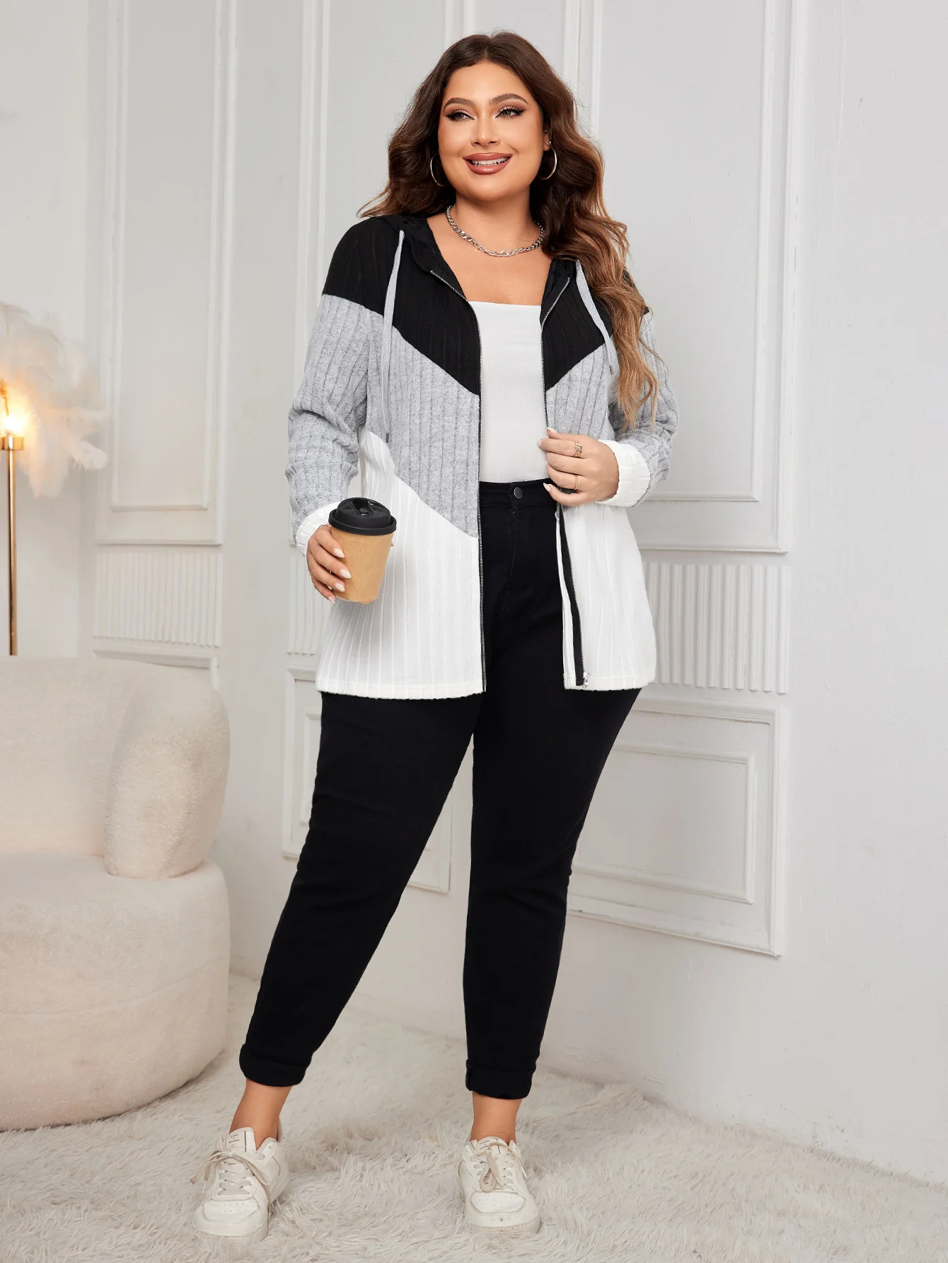 KEBY ZJ Plus Size Kleurblok Zip Up Jas Vrouwen 2024 Herfst Nieuwe Trekkoord Capuchon Lange Mouw Casual Rib-gebreide Jas Top