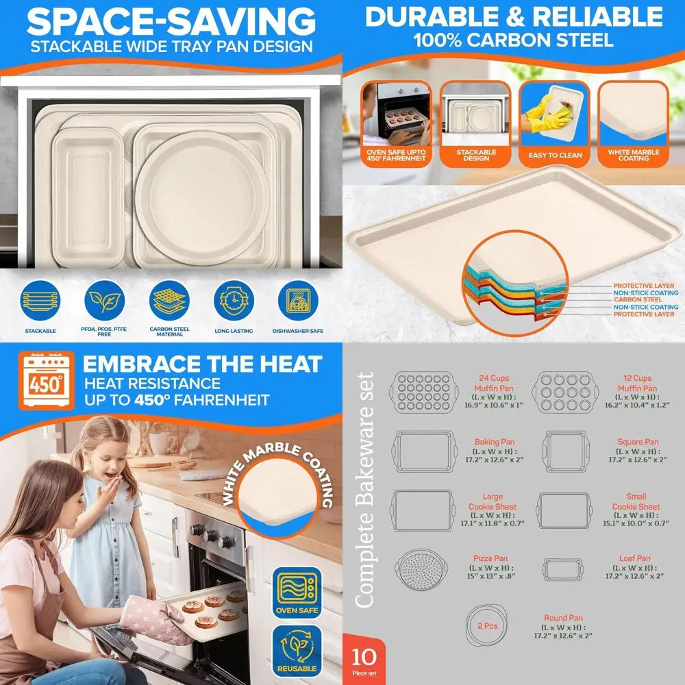 

Nonstick Marble Coated Baking Pans, 10-Piece Set, PFOA/PFOS/PTFE Free, Recipe Booklet, Oven Safe to 450°F, White