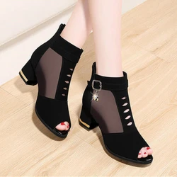 2022 New Women Peep Toe Sandals Boots Women PU Leather Summer Mesh Shoes,Low Heels Back Zip BLACK Dropshipping