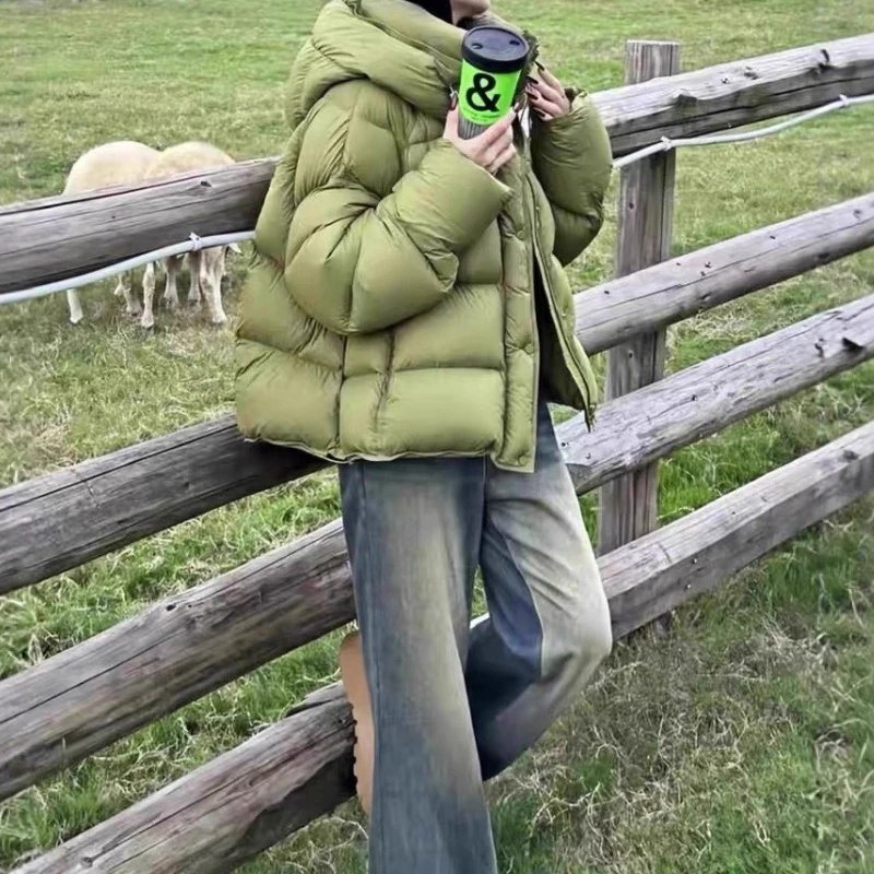Green Short Down Jacket for Women 2025 Winter New Style Cotton Coat with Hood Bread Jacket Outerwear