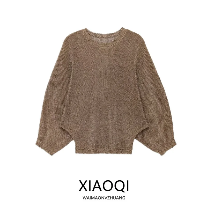 

2025 Autumn Winter New Sle Women's Long Sve round Ne Layered Knitted Sweater Versatile Metal Coated Knitwear