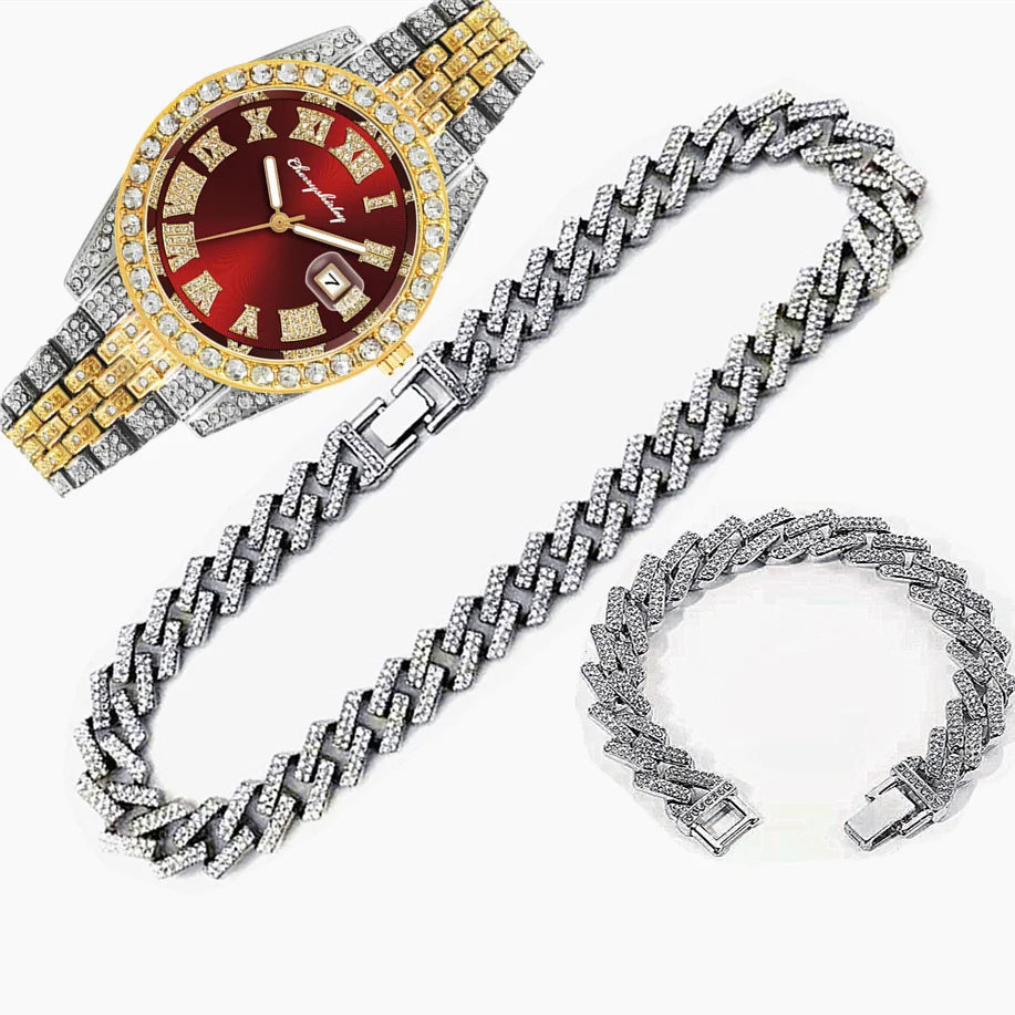 3pcs Mens Hip Hop Jewelry Miami Bling Cuban Chain bracelet watches 15mm Big Gold Chains Necklaces Africa Men Jewelry Set Relojes