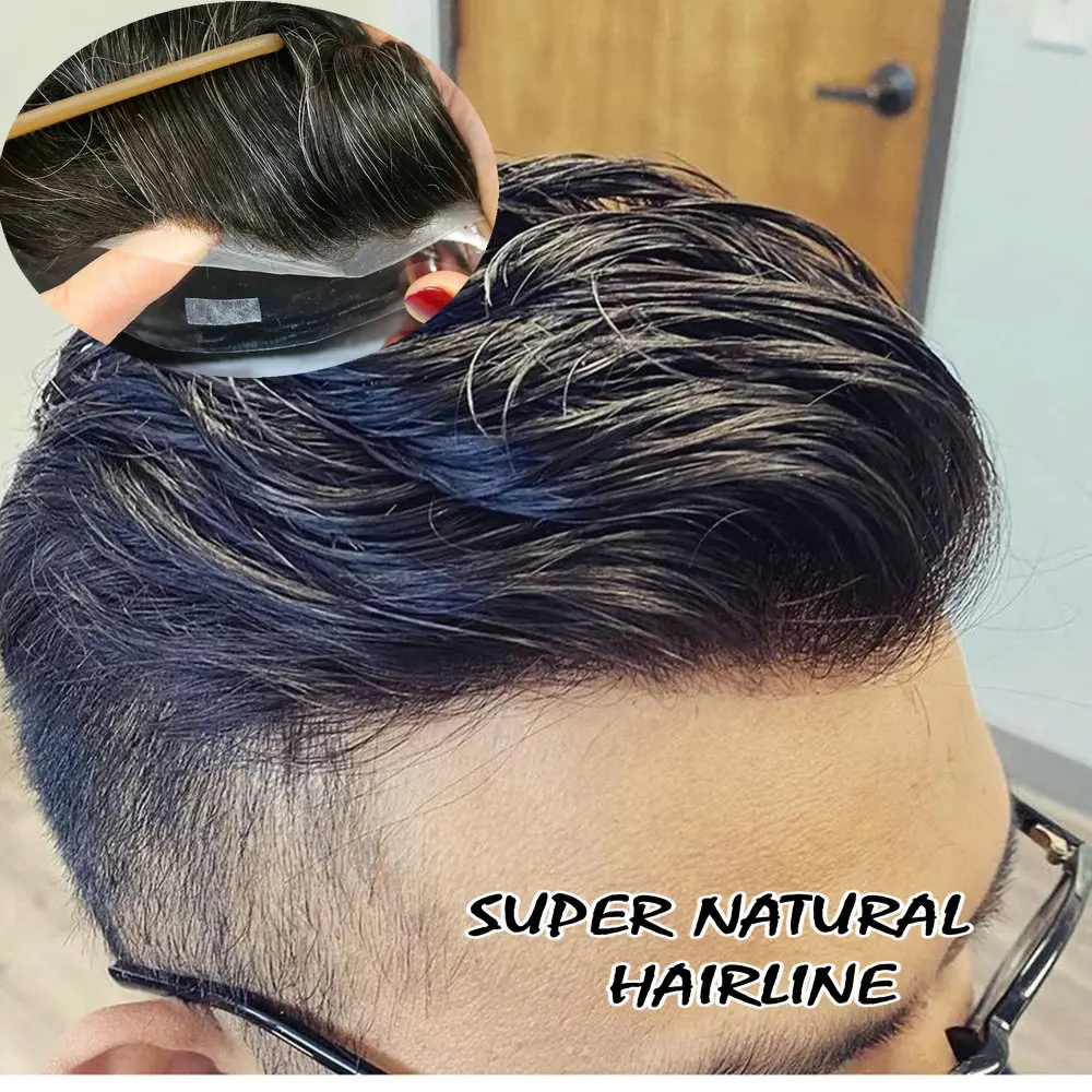 Peruca natural de cabelo humano para homens, peruca super fina, linha fina do silicone, preto, sistema da prótese, 0.02mm