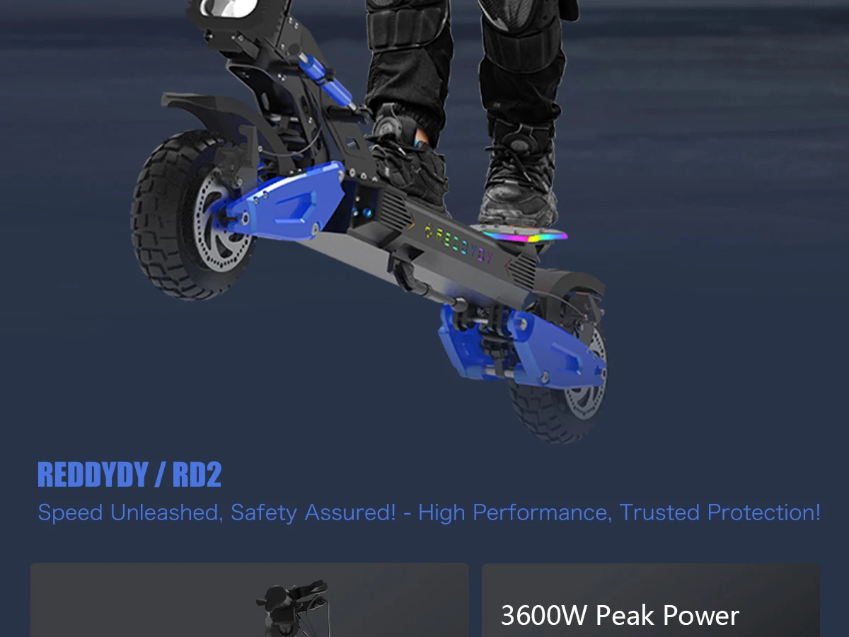 REDDYDY RD2 Electric Offroad Scooter 45MPH Max Speed 3600W Peak Dual Motors Adult Scooter 60V18.2Ah High Capacity Battery 50Miles Max Range 3-riding Modes 10.5" Off-Road Tires Dual Hydraulic Disc Brakes Dual Shock Absorbers NFC Unlocking APP Smart Control