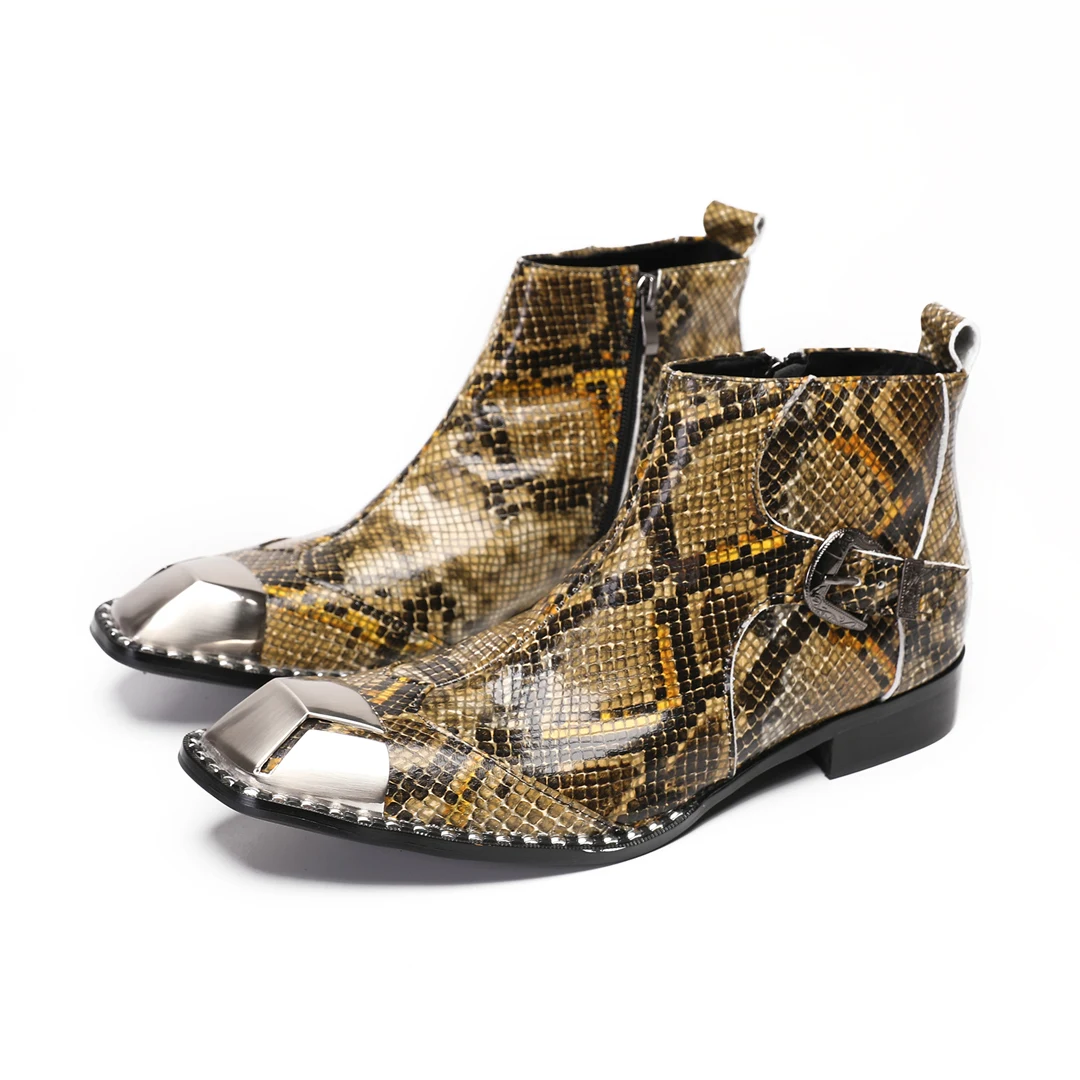 Botas Snake Pattern Genuine Leather Ankle Boots for Men Square Toe Motorcycle Short Boots Male Night Club Party Leather Shoes