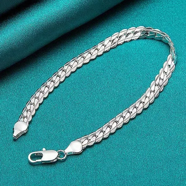 925 Sterling Silver Bracelet 6mm 18/20cm Flat Side Chain Lobster Clasp Bracelet For Woman Man Party Wedding Jewelry Holiday Gift