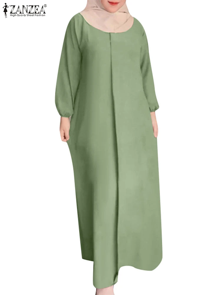 

ZANZEA женские исламские платья Ид, повседневный хиджаб с длинными рукавами и круглым вырезом, плиссированные дизайнерские халаты Абая, однотонные мусульманские длинные платья