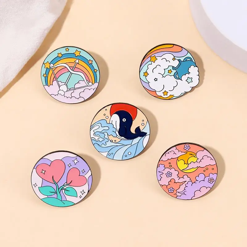 Enamel Pins Custom Rainbow Sunset Clouds Ocean Whale Flower Brooch Lapel Badge Jewelry Gift for Kids Friends Nature Oil Painting