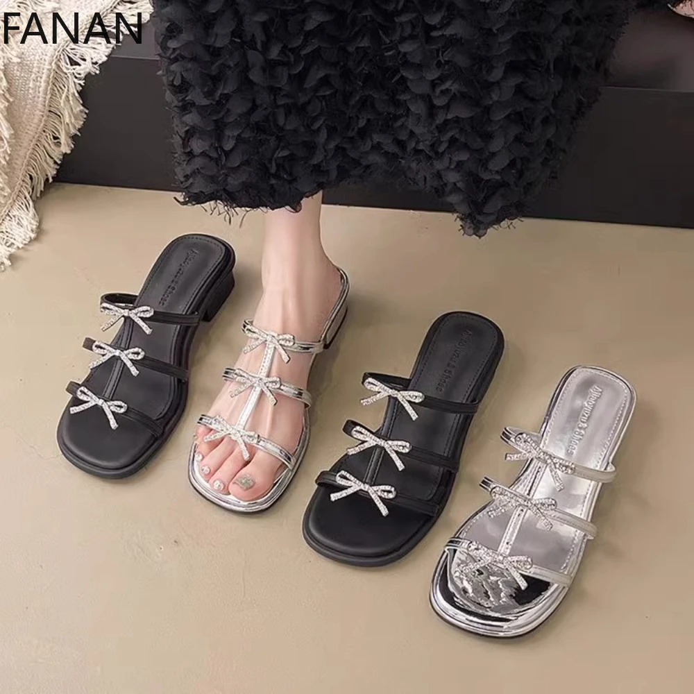

Summer Rhinestone Flat High Heel Sandals Bowknot One-Strap Open-Toe Slippers for Women French Elegant Sweet Shoes Original