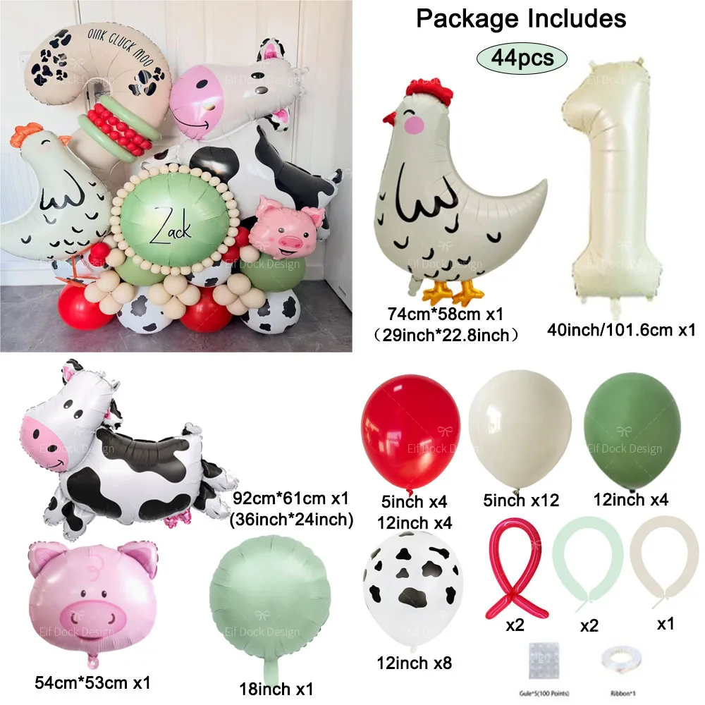 44pcs Farm Themed Animal Balloon Cute Hen Cow Piglet Foil Balloon 40inch Cream Digital Birthday Party Decoration Supplies