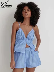 Oymimi Summer Blue Print Two Piece Set For Women Fashion Spaghetti Strap Open Back Tops And Button Pockets Shorts Female Sets