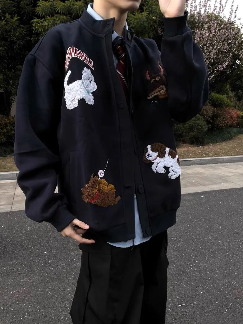 

American Retro High Street Embroidered Baseball Jaet Open Cardigan Outerwear Loose ex Cotton Polyester Blend Youth Faion