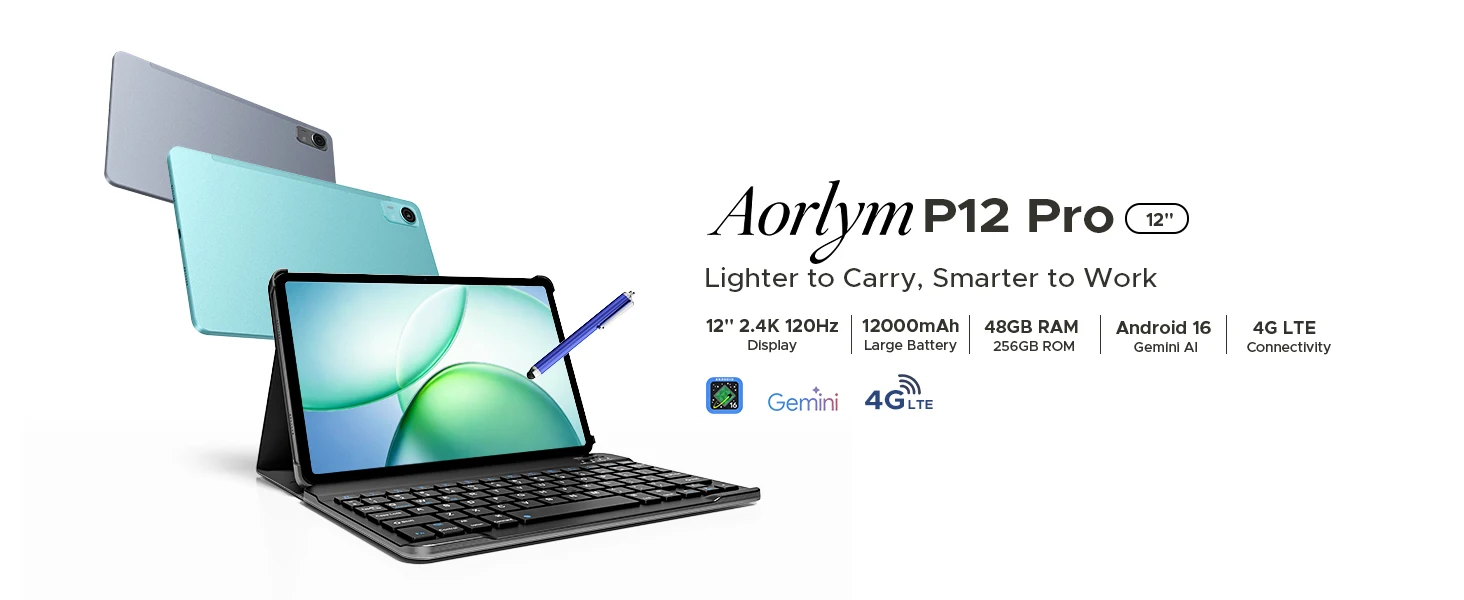 DOOGEE AORLYM P12 Pro Tablet 48GB+256GB Gemini AI 12" 2.4K 120Hz Display 12000mAh Large Battery UNISOC T7300 Widevine L1 4G Dual SIM Android 16 Smart Pad