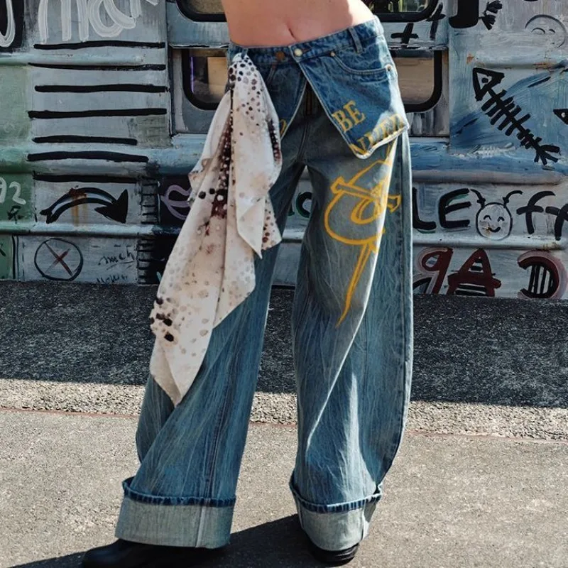 

Джинсы High Street с двойной талией и принтом, сексуальные джинсы из двух частей, широкие джинсы, мешковатые женские джинсы