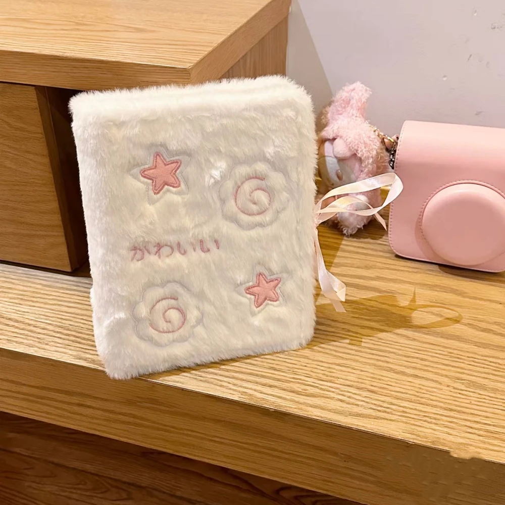 

White Plush Small Card Booklet Idol Photocards Collect Book Pink Japanese Embroidery Photo Album Cover 6 Holes Idol Card Album