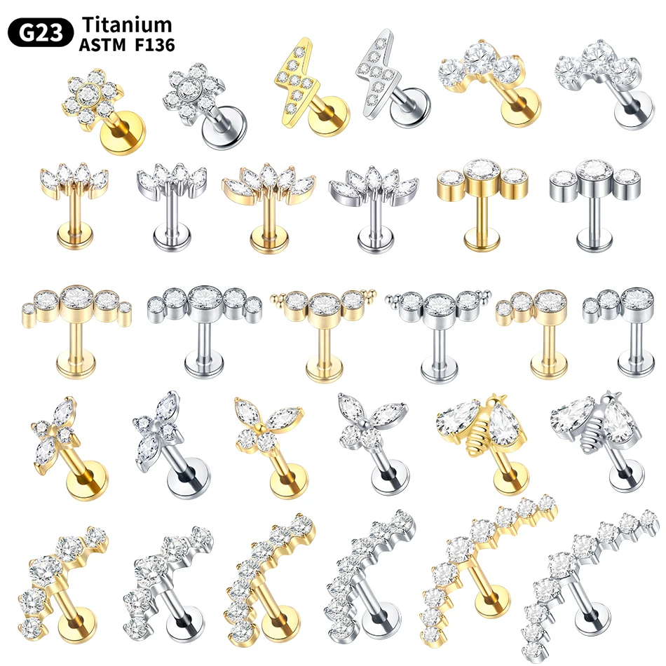 1PC G23 Titanium Ear Labret Piercings Flat Back Earrings Crystal Cluster Helix Tragus Pirsing Cartilage Lobe Piercing Jewelry