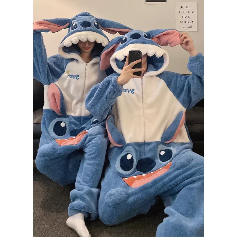 Cartoon Disney couple one-piece pajamas winter coral fleece thermal hooded pullover men\'s loungewear new Stitch women\'s pajamas