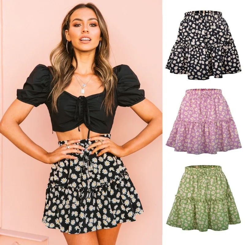 Viral Daisy Print Mini Skirt Women's Crinkle Texture Floral Wrap Skirt Summer Cottagecore Aesthetic Retro European Style