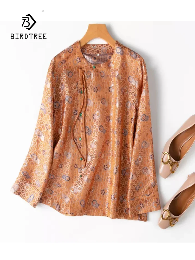 

BirdTree 50%Real Silk Song Brocade Shirt For Women, Long Sleeve Printed, Elegant Chinese Style Blouse, 2024 Spring New T43328QC