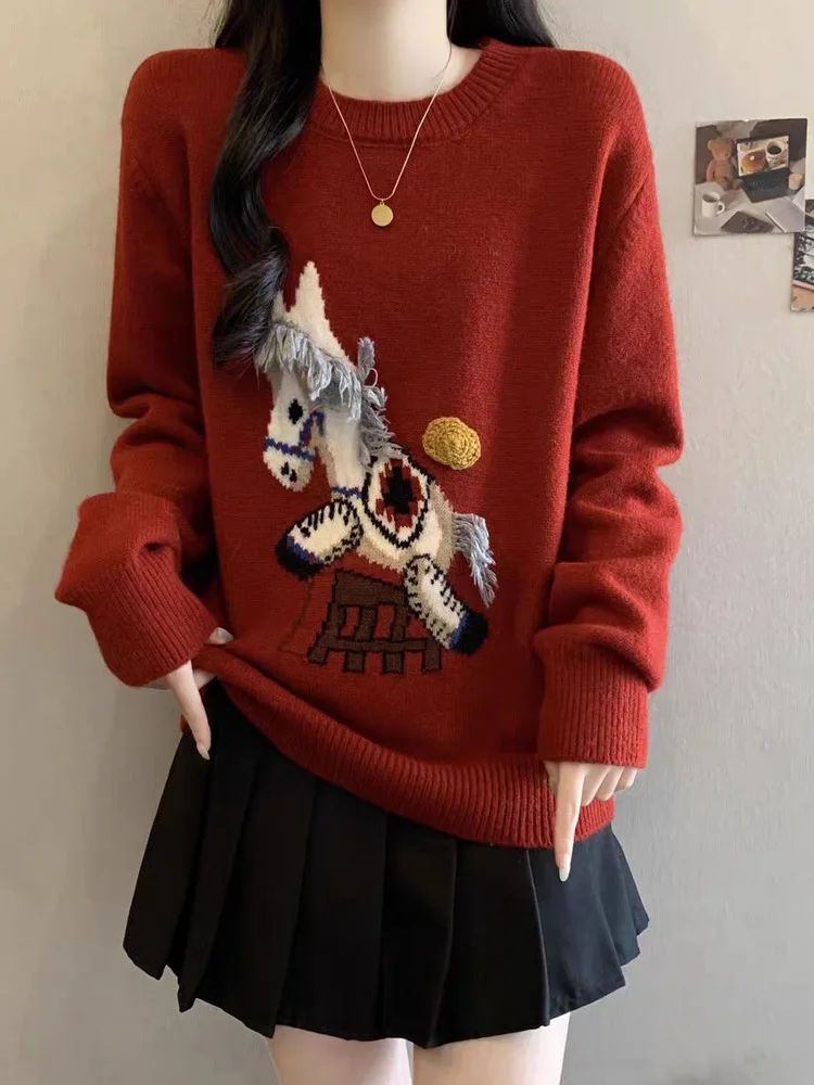 Suéter de Punto con Bordado Rojo, Estilo Batín, para Mujer, Otoño Invierno, Diseño Festivo de Año Nuevo