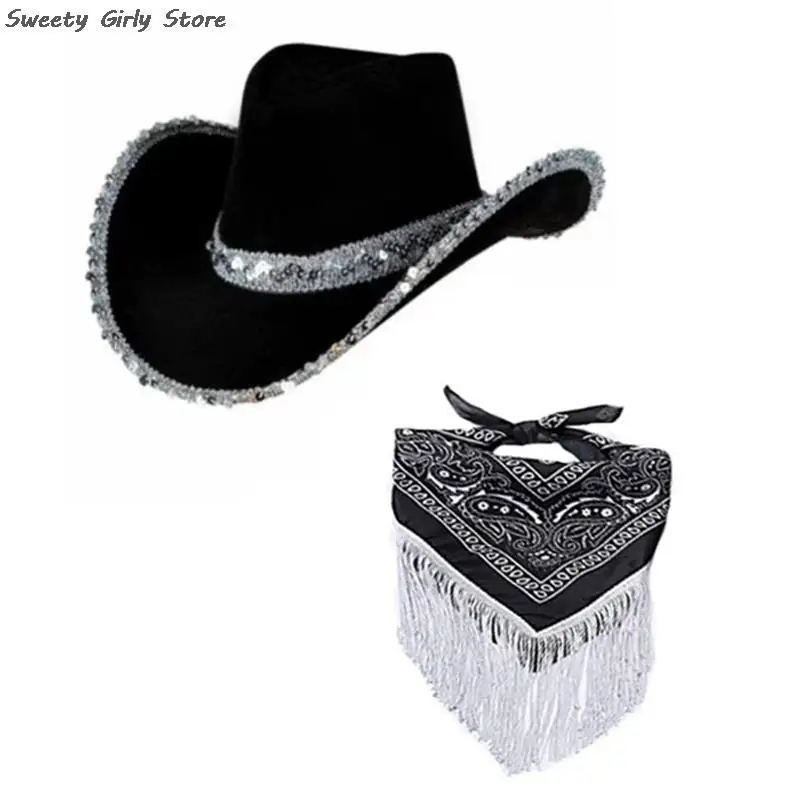 

2PCS Set Performance Cowboy Hat Women Fashion Role Play Costume Western Party Hats Fashion Knight Caps with Scarf Bling