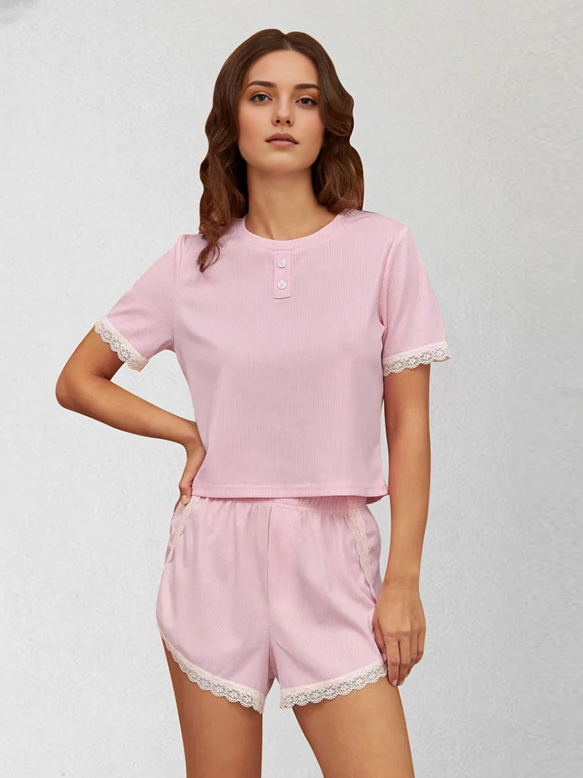 Martha qiqi Spitze Sommer Damen Nachthemden Anzug O-Ausschnitt Nachtwäsche Kurzarm Pyjama Crop Top Nachthemd Shorts Freizeit kleidung