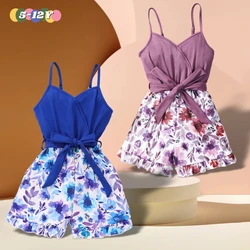 KIds Girl jumpsuit decor ruffle bow girl short sleeve rompers playsuit girl clothes soft cotton overalls kids summer beach