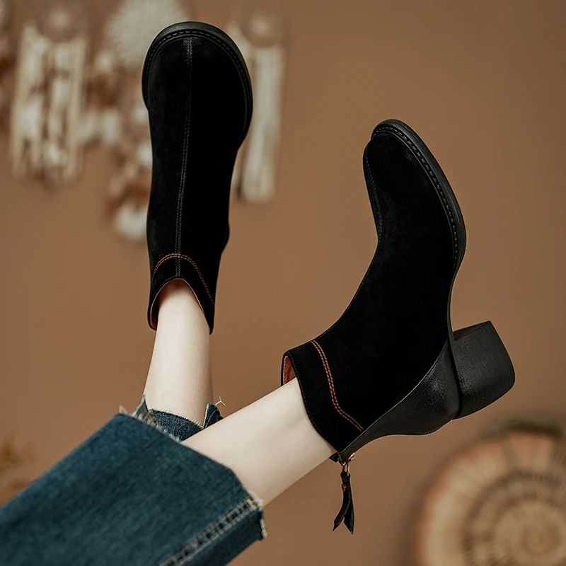 NEW Autumn/Winter Women Boots Round Toe Chunky Heel Boots Sheep Suede Leather Shoes for Women Retro Ankle Boots Botas De Mujer