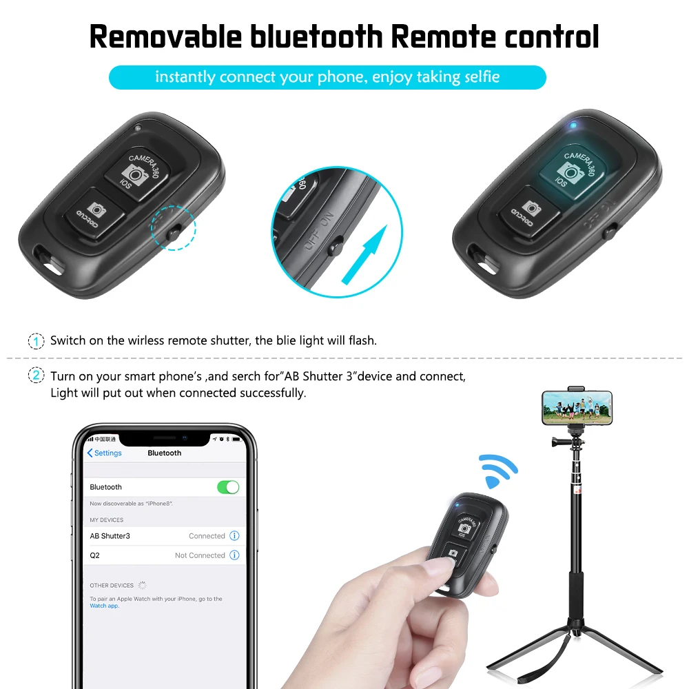 Регулируемая селфи-палка SH 90/150 см с беспроводной поддержкой Bluetooth и зажимом для телефона