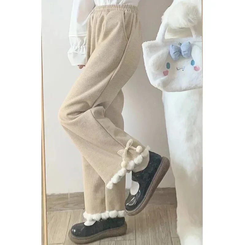 Japanese Kawaii Pants Women Wide Leg Cute Sweatpants Sweet Harajuku Lolita Vintage Baggy White Trousers with Bow Winter