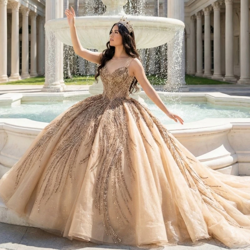 

Champagne Shiny Quinceanera Dresses Off Shoulder Ball Gown Sweet 16 Dress Beading Crystal Tull Birthday Party Vestidos 15 De