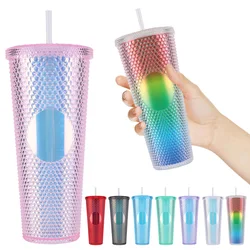 710ml Plastic Straw Cup Drinking Cup Double-Walled Rhinestone Rivet Cup Large Capacity Travel Mug for Home & Outdoor