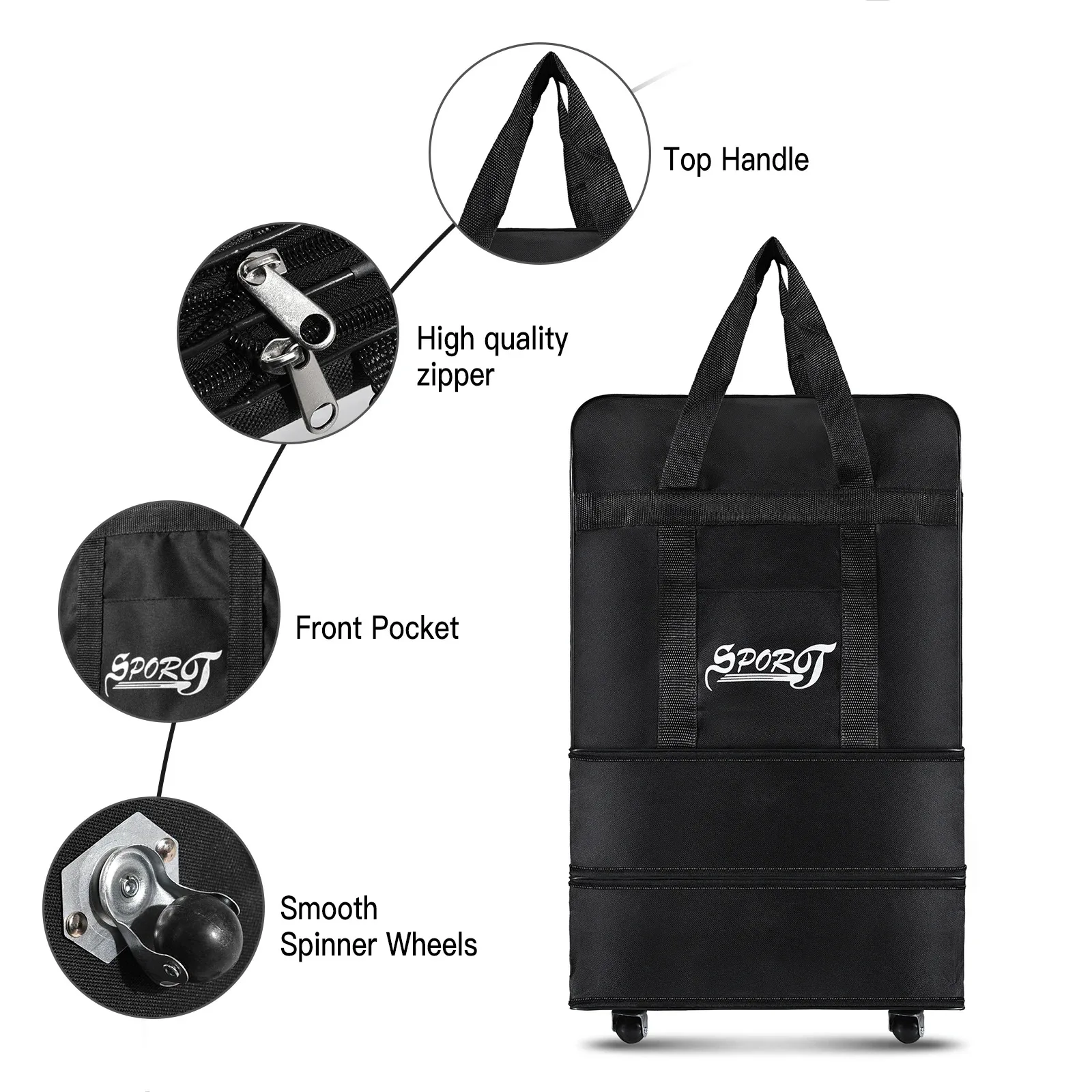 عجلات حزمة السفر للنساء والرجال قابلة للتوسيع عربة أمتعة قابلة للطي متعددة الاستخدامات حقيبة سوداء لرحلة عطلة نهاية الأسبوع طوال الليل #4