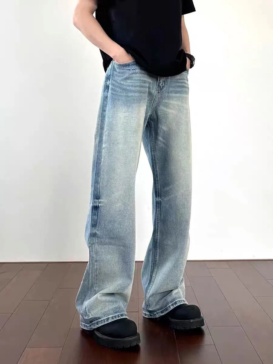 

Retro American Blue Jeans Men Summer Thin Straight Leg Jeans Cleanfit Loose Flared Pants mid Waist Water Waed