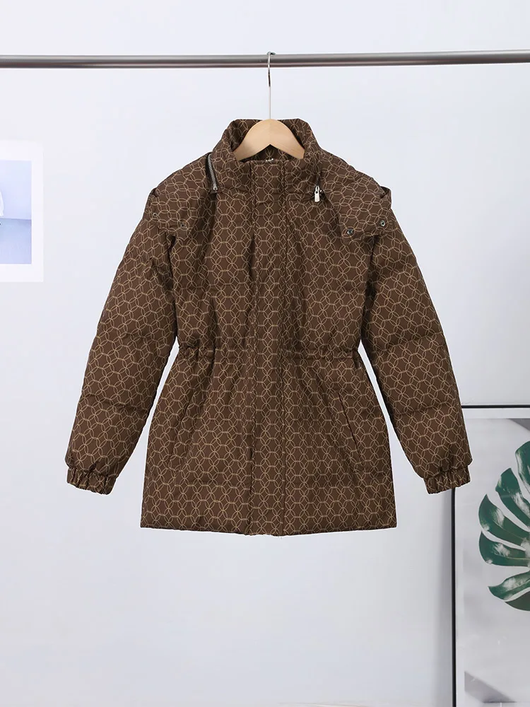 

Winter Printed Hooded Jacket for Women Stand Neck Zipper Waist Cinching Thick Cotton Padded Coats 2025 Lady New Fashion Outwear