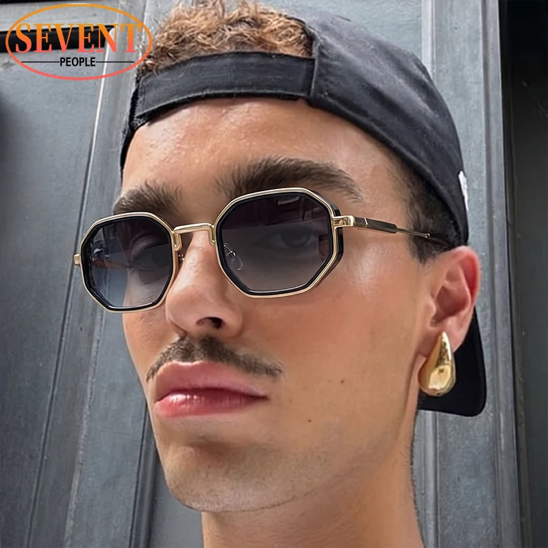 Steampunk Small Square Sunglasses Men 2026 Luxury Designer Vintage Metal Frame Gradient Polygon Outdoor Sun Glasses Trendy Shade