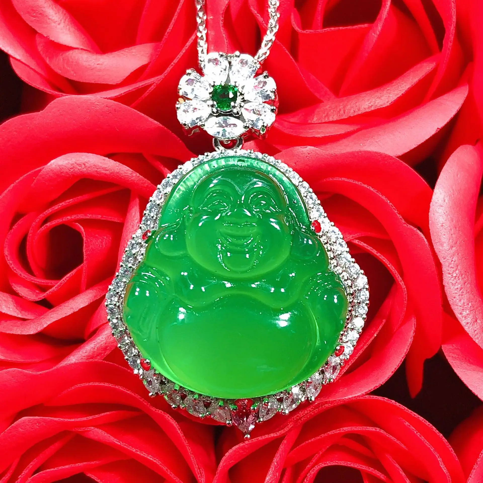 

Genuine Myanmar Jadeite Grade A Burma Green Jade Zircon Luxury Buddha Pendant Necklace Women Healing Gemstone Fine Jewelry Gifts