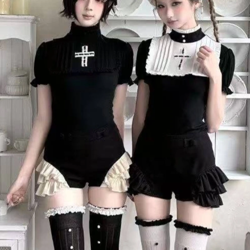 Japanisches Gothic Y2k Lolita Shorts-Set für Damen, Vintage Halbhoher Kragen, Kreuztops, Hochgeschnittene Rüschen-Shorts, Harajuku Slim Outfit