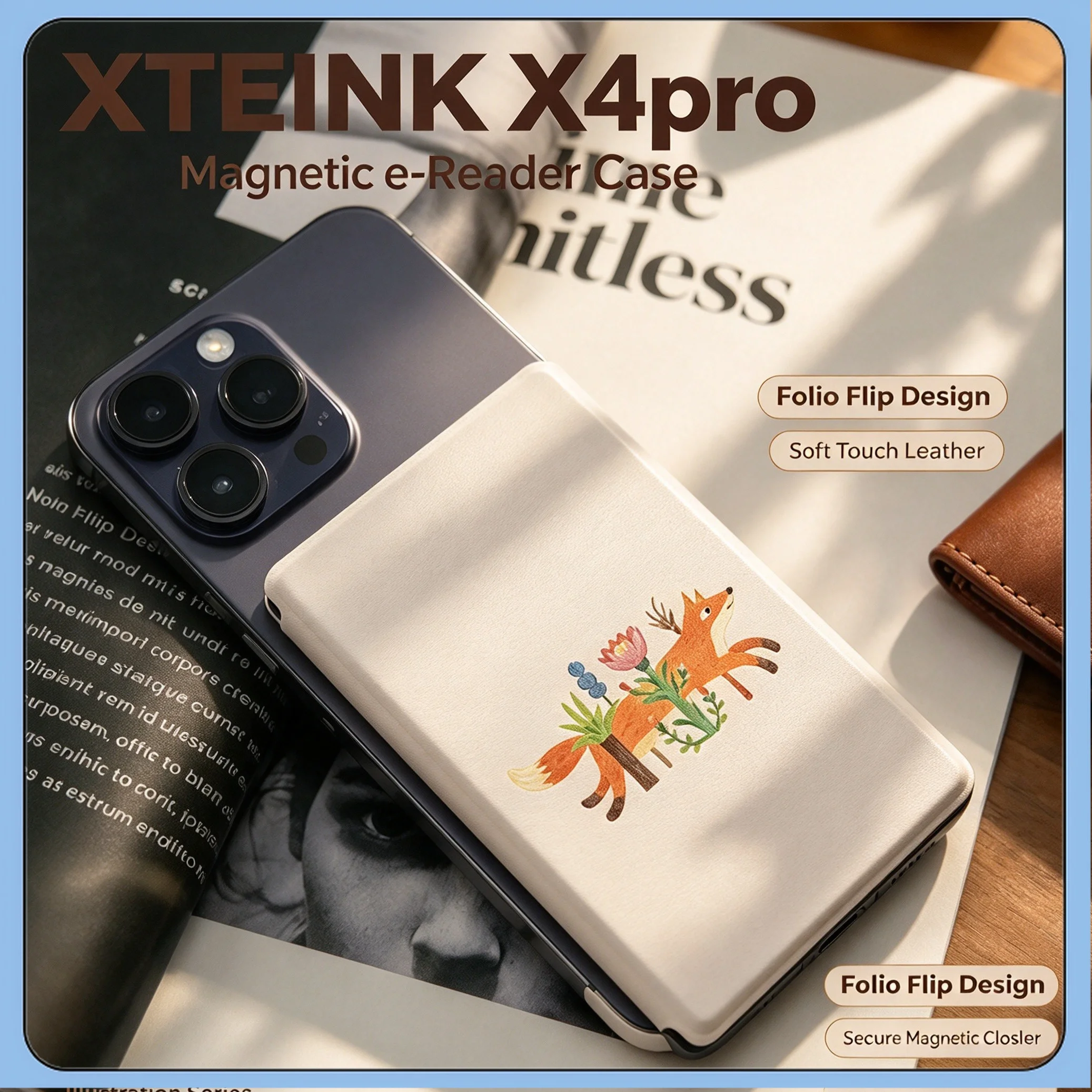 XTEINK X4Pro 4.3" Pocket E-Ink Reader Magnetic Protective Case Detachable Sleep Wake Flip Cover Slim TPU Bumper Shell