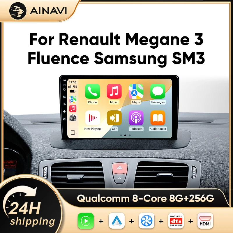 AINAVI Autoradio con Carplay Wireless e Android Auto per RENAULT MEGANE 3 FLUENCE SAMSUNG SM3 2008‑2014 2 Din Schermo Touch HD IPS Stereo Auto con Navigazione GPS 4G Wifi BT 5.0 FM DSP SWC Lettore