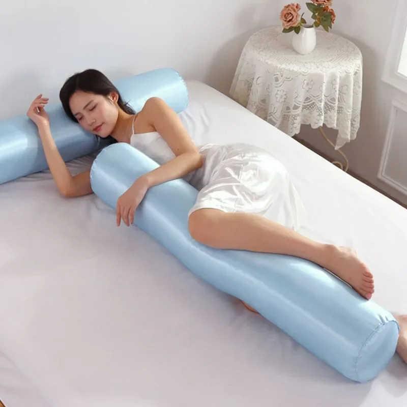 Solid Color Cervical Neck Pillow Long Body Pillow Headrest Pillowslip  Ice Silk Solid Color Cylindrical with Core Removable