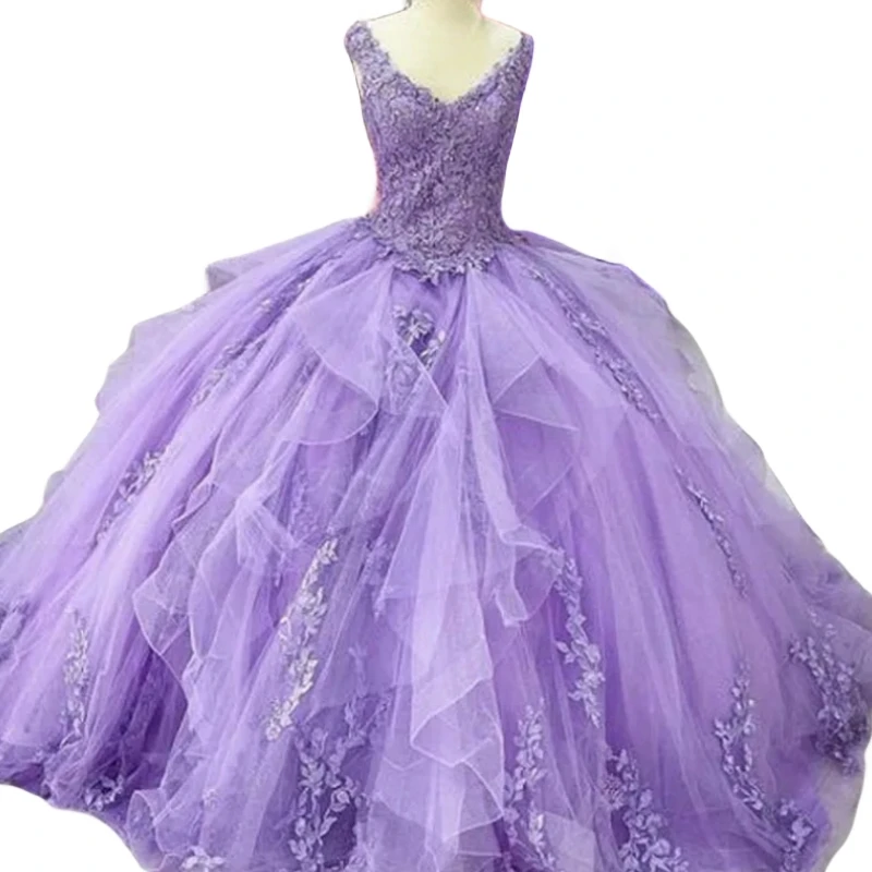 Vestido De corsé con apliques De encaje, imagen Real, lavanda dulce, 16 vestidos para graduación, fiesta De cumpleaños, cuello en V, 15, 14 años, quinceañera