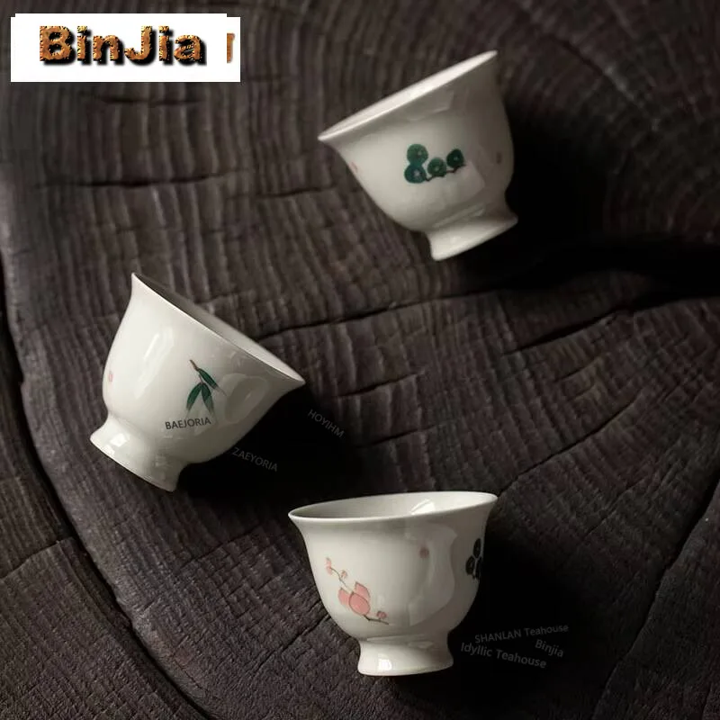 

2pc/set Hand-painted Winter Three Friends Teacup Handmade Master Cup Vintage High-feet Tea Bowl Meditation Cup Teaware 40ml