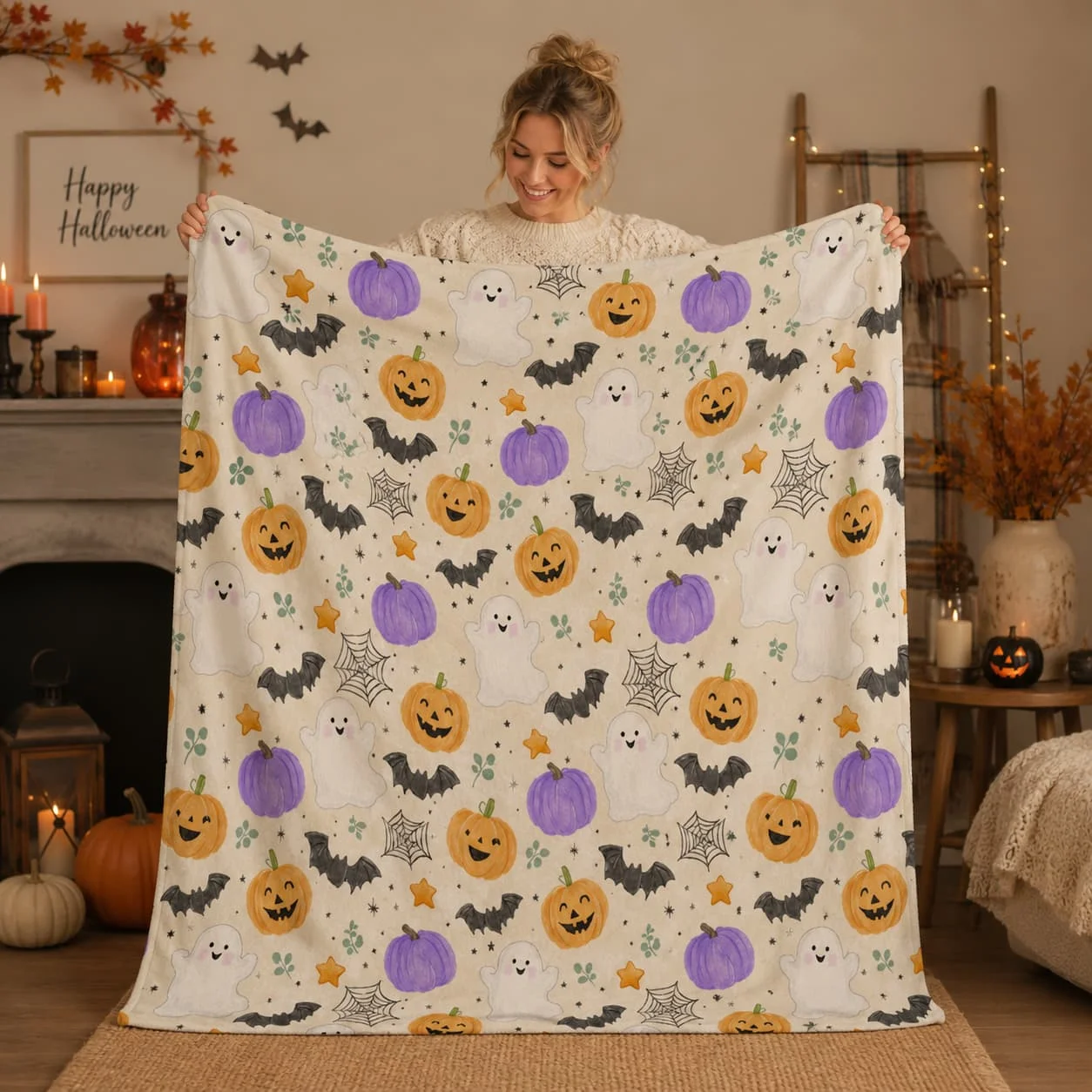 Halloween Ghost Pumpkin Bat Doodle Fleece Blanket, Cute Spooky Autumn Throw, Cozy Fall Purple Orange Black Blanket, Seasonal Home Décor