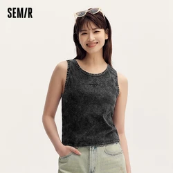 Semir Short-Length Vest Women Slim-Fit Vintage Distressed Look Cool And Trendy 2024 Summer New Black Embroidered Top