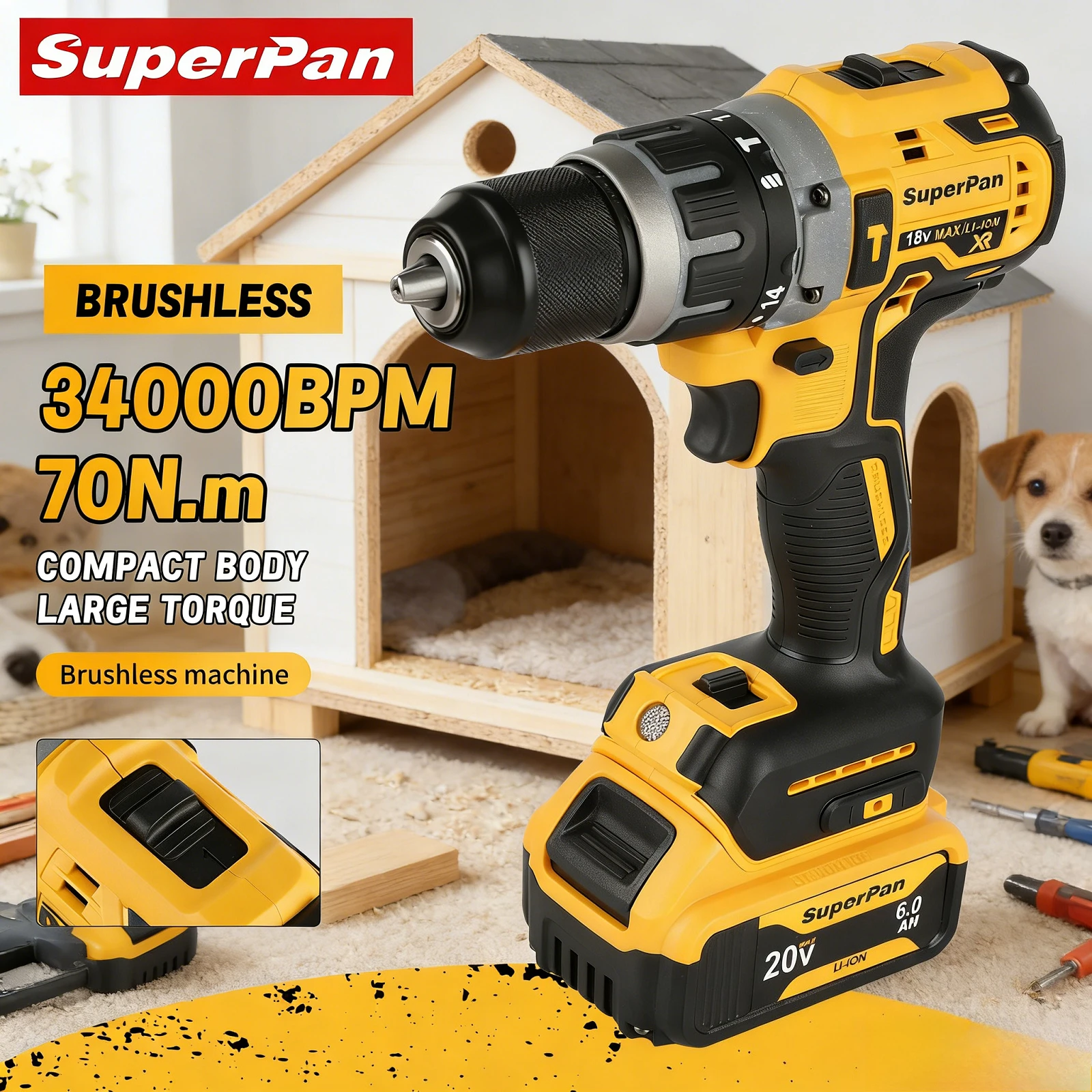 

SuperPan Lithium Ion 70N.m 40/13/13mm Anti-Slip DIY TV Stand Fixing Comfort Grip Rechargeable Drill For Dewalt 20V Battery Pin