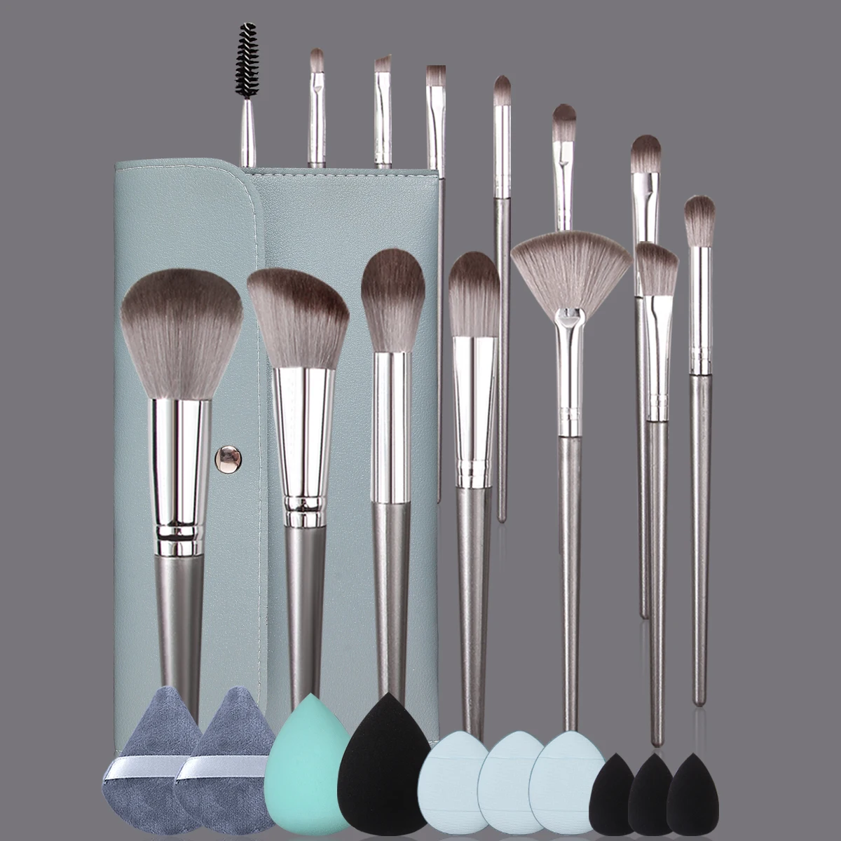 ชุดแปรงแต่งหน้าอเนกประสงค์ขนนุ่ม 14 ชิ้น & ฟองน้ำแต่งหน้าไม่ติด 10 ชิ้นไข่/พัฟแป้ง & ถุงเก็บ 1 ชิ้น