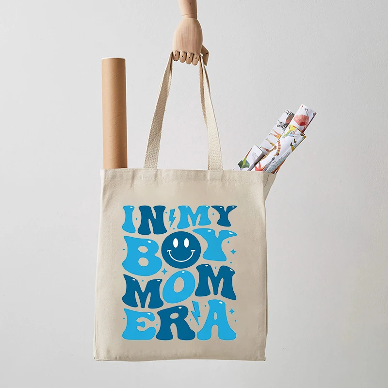 In My Boy Mom Era Pattern Tote Bag, Canvas Daily Commute, Reusable Shopping Bags, embrague plegable de moda, regalo de agradecimiento para mamá