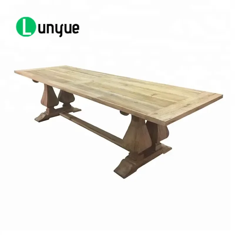 300cm Recycled Wood Farmhouse Rectangle Dining Table Double Base Long Kitchen Table for Large Family Home Decor Rustic Style